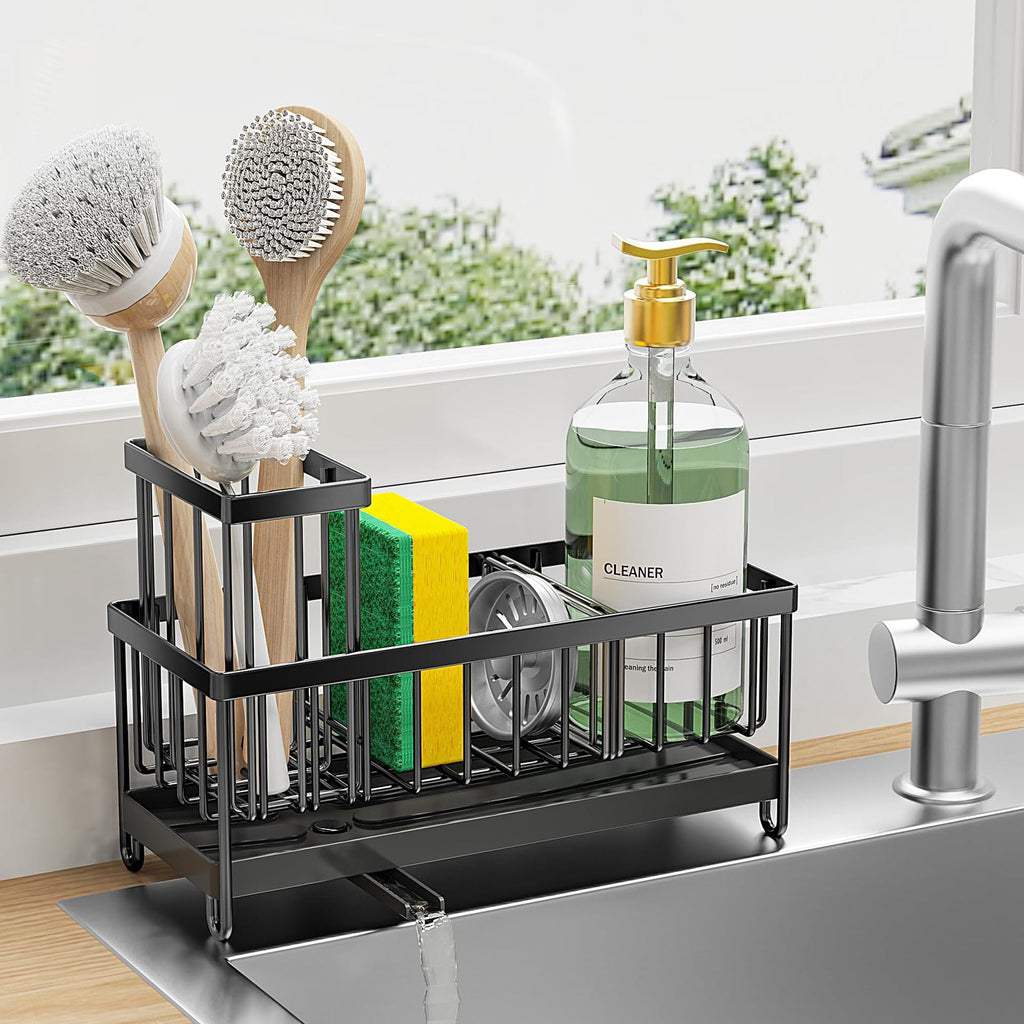 Sponge Holder for Kitchen Sink, Sink Caddy Organizer with High Brush Holder, Kitchen Countertop Organizers and Storage Essentials