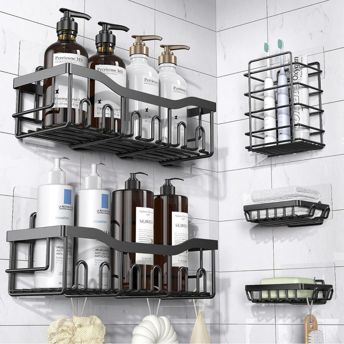 Adhesive Shower Caddy, 5 Pack Rustproof Stainless Steel Bath Organizers With Large Capacity, No Drilling Shelves for Bathroom Storage & Home Decor