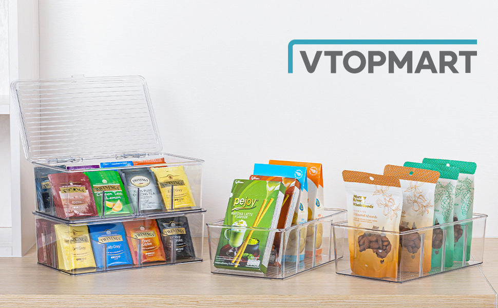 8 Pack Food Storage Organizer Bins, Clear Plastic Bins for Pantry, Kitchen, Fridge, Cabinet Organization and Storage, 4 Compartment Holder