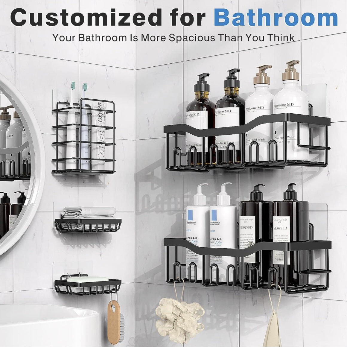 Adhesive Shower Caddy, 5 Pack Rustproof Stainless Steel Bath Organizers With Large Capacity, No Drilling Shelves for Bathroom Storage & Home Decor