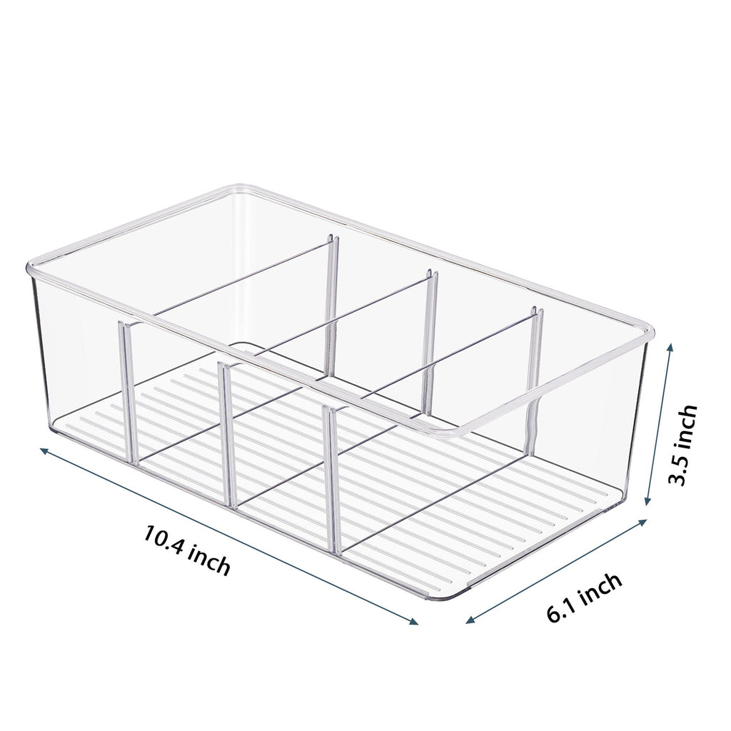 8 Pack Food Storage Organizer Bins, Clear Plastic Bins for Pantry, Kitchen, Fridge, Cabinet Organization and Storage, 4 Compartment Holder