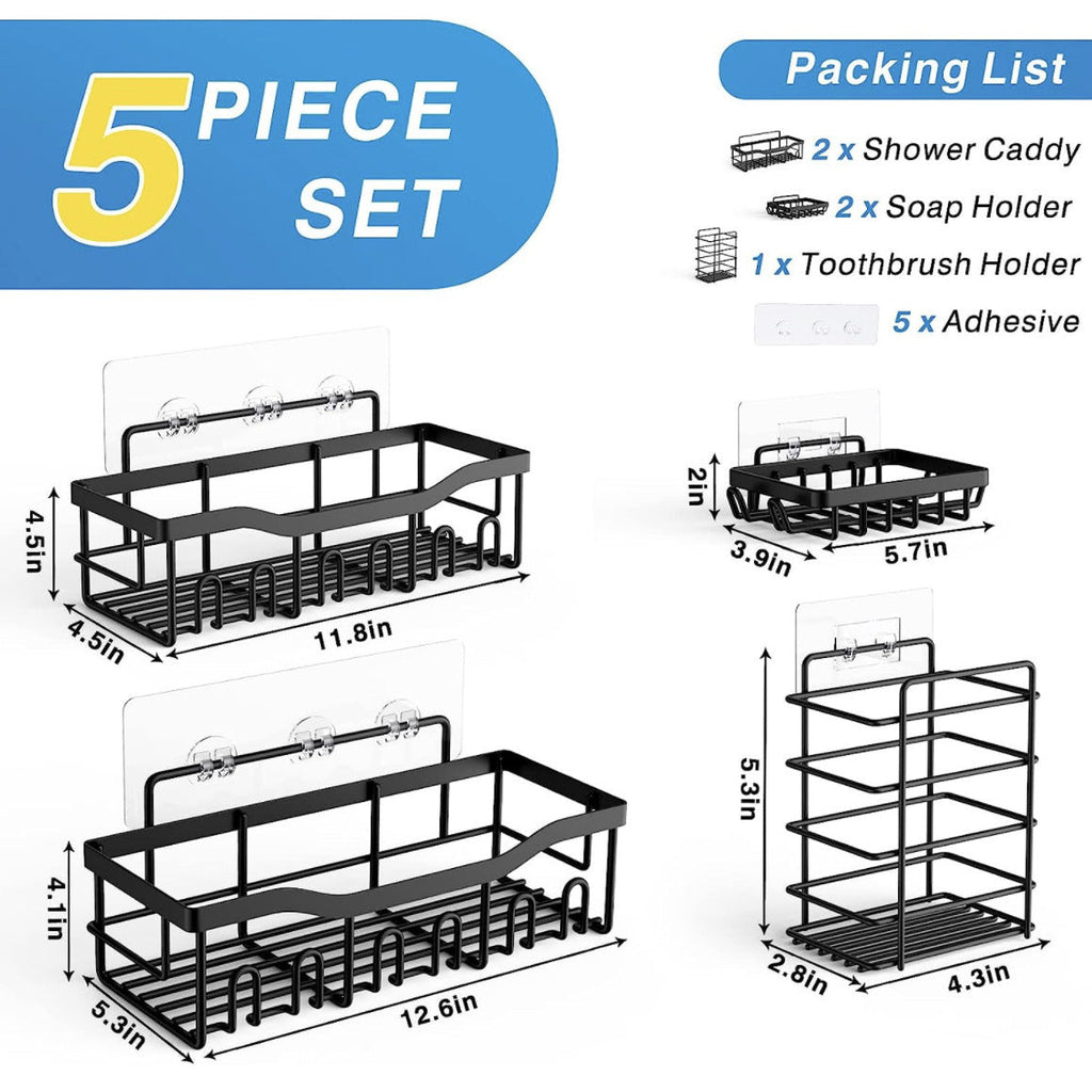 Adhesive Shower Caddy, 5 Pack Rustproof Stainless Steel Bath Organizers With Large Capacity, No Drilling Shelves for Bathroom Storage & Home Decor