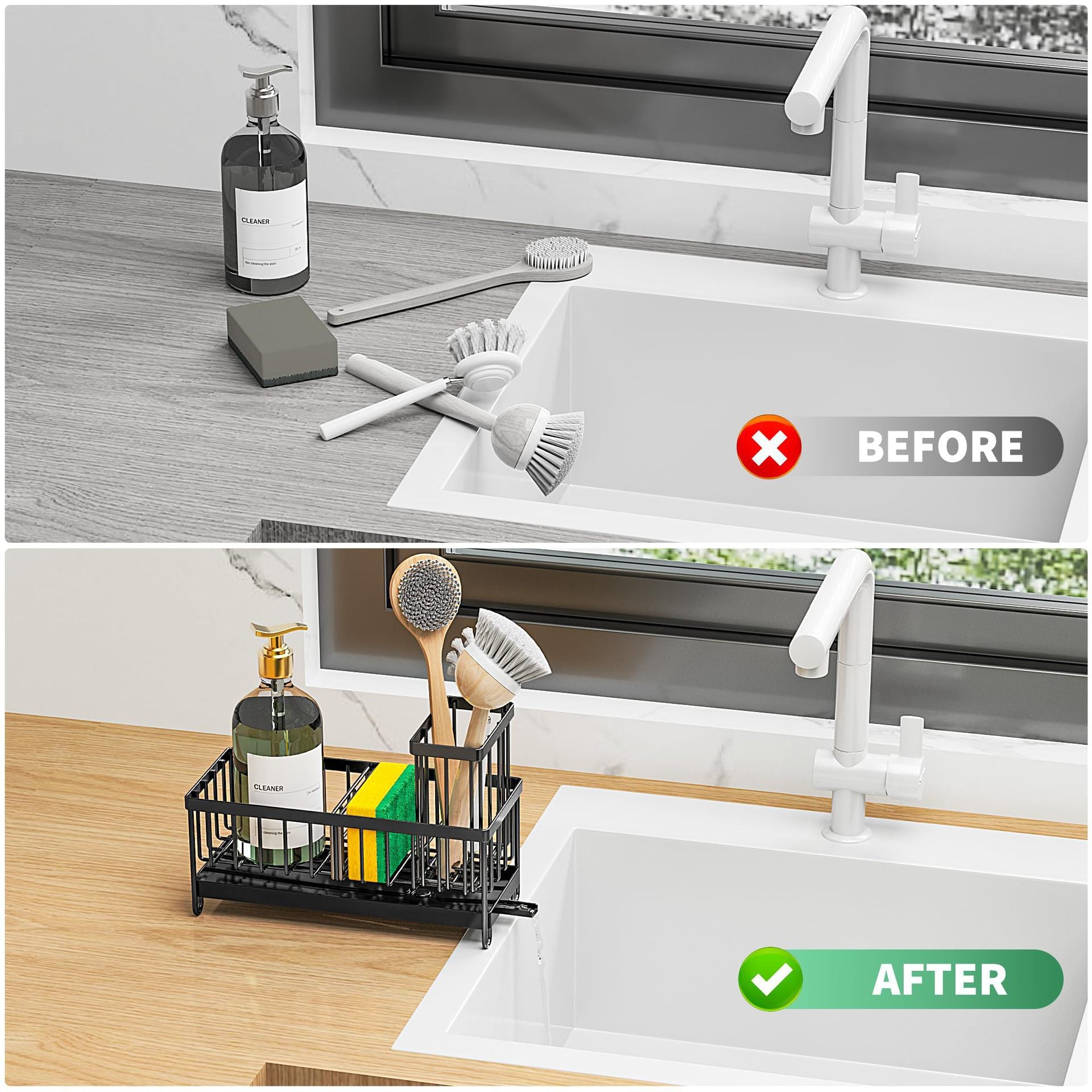 Sponge Holder for Kitchen Sink, Sink Caddy Organizer with High Brush Holder, Kitchen Countertop Organizers and Storage Essentials