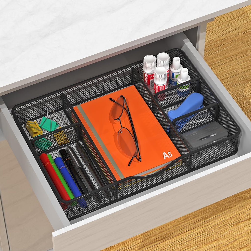 Desk Drawer Organizer, Metal Mesh Drawer Organizer Tray with 6 Adjustable Compartment, Tray Organizer for Desktop, Kitchen, Bathroom, Makeup, Vanity