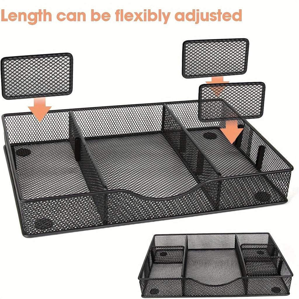 Desk Drawer Organizer, Metal Mesh Drawer Organizer Tray with 6 Adjustable Compartment, Tray Organizer for Desktop, Kitchen, Bathroom, Makeup, Vanity
