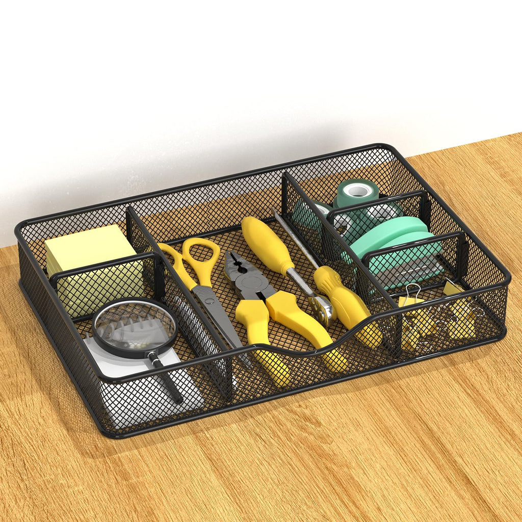Desk Drawer Organizer, Metal Mesh Drawer Organizer Tray with 6 Adjustable Compartment, Tray Organizer for Desktop, Kitchen, Bathroom, Makeup, Vanity