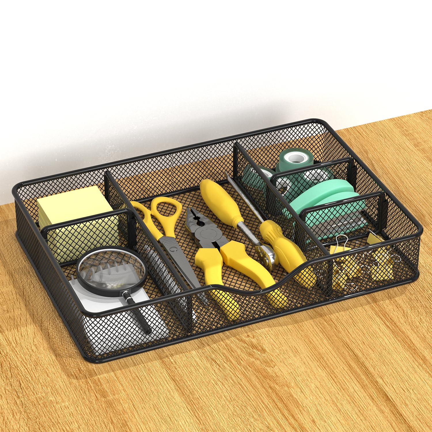 Desk Drawer Organizer, Metal Mesh Drawer Organizer Tray with 6 Adjustable Compartment, Tray Organizer for Desktop, Kitchen, Bathroom, Makeup, Vanity