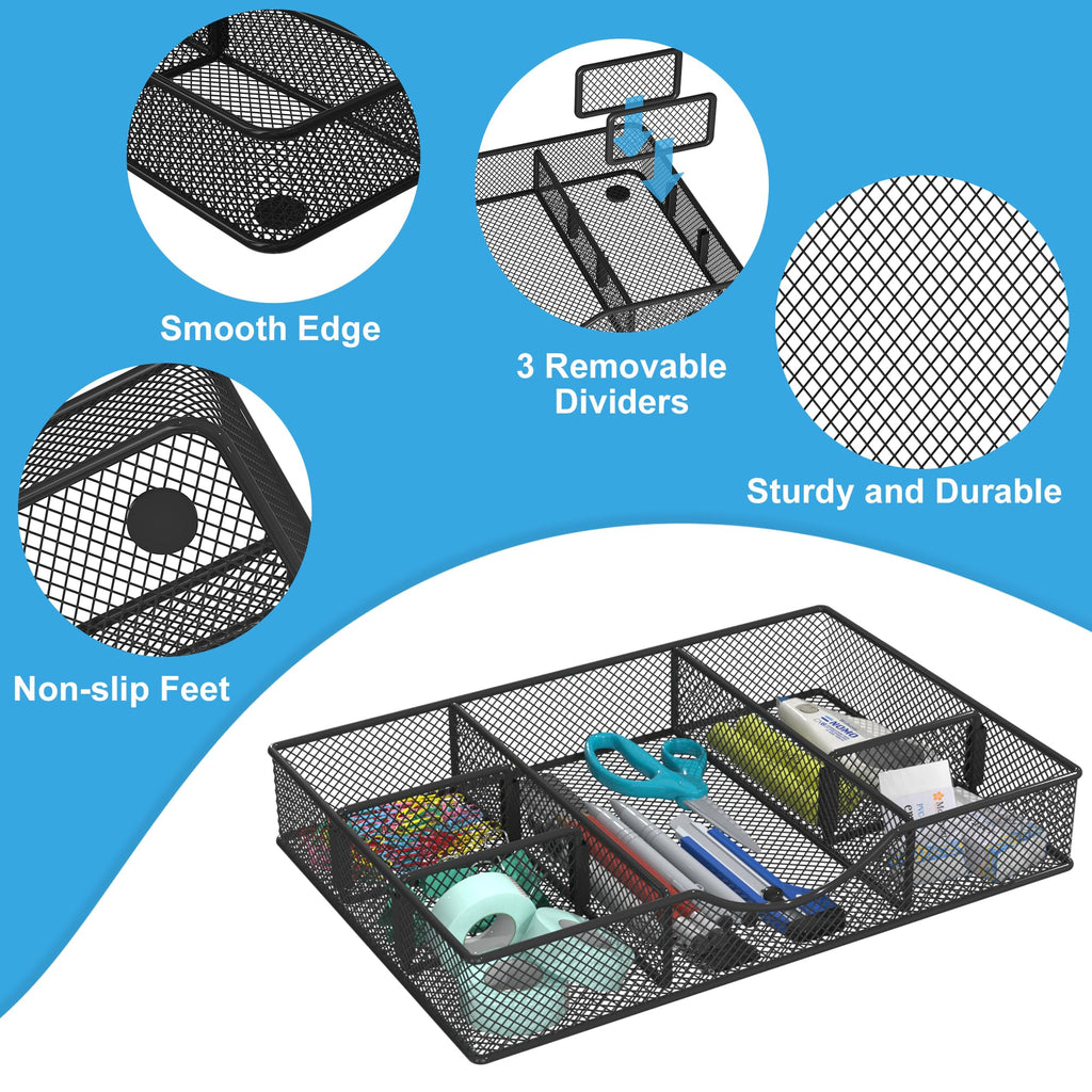 Desk Drawer Organizer, Metal Mesh Drawer Organizer Tray with 6 Adjustable Compartment, Tray Organizer for Desktop, Kitchen, Bathroom, Makeup, Vanity
