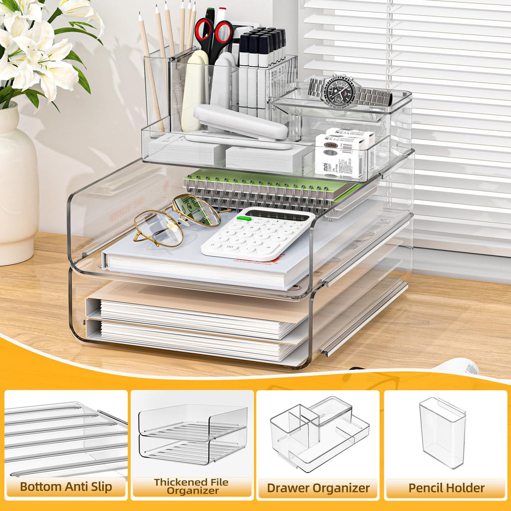 4 Trays Paper Organizer Letter Tray - Acrylic Desk File Organizer, Stackable Clear Paper Holder Sorter Home Office Organizers