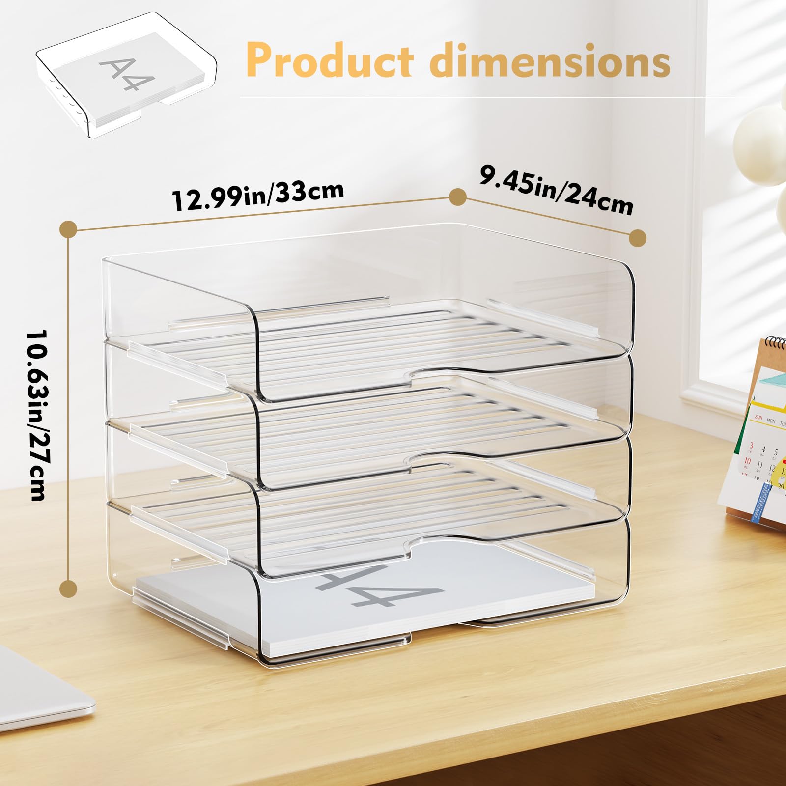 4 Trays Paper Organizer Letter Tray - Acrylic Desk File Organizer, Stackable Clear Paper Holder Sorter Home Office Organizers