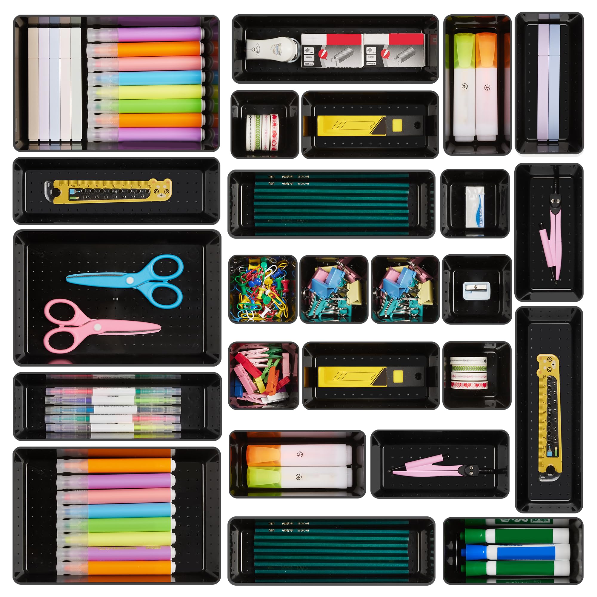25 PCS Office Desk Drawer Organizers Set, 4-Size Versatile Plastic Drawer Organizer Trays, Storage Bins for Desk Accessories Office Organizers and Storage, Bathroom, Makeup, Vanity