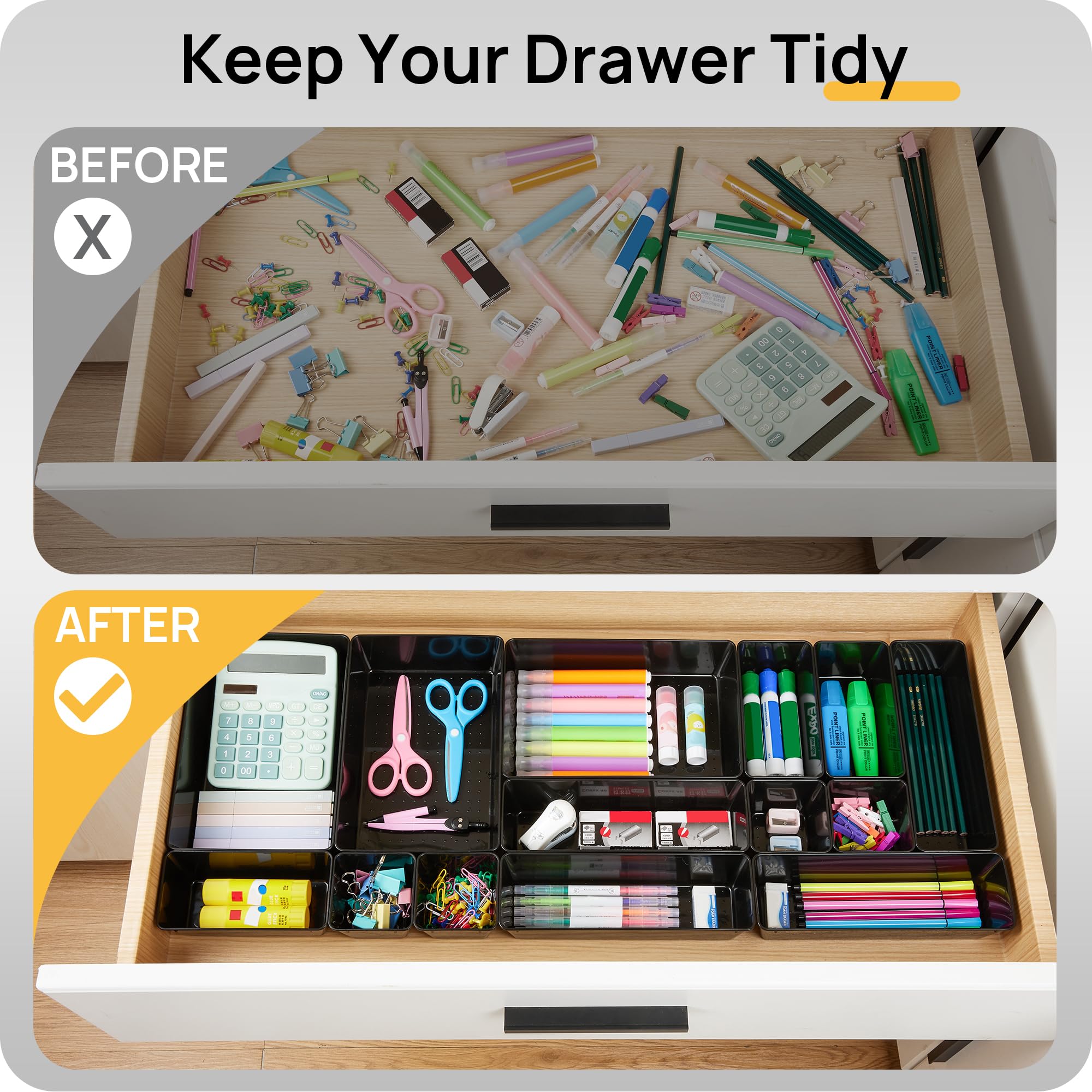 25 PCS Office Desk Drawer Organizers Set, 4-Size Versatile Plastic Drawer Organizer Trays, Storage Bins for Desk Accessories Office Organizers and Storage, Bathroom, Makeup, Vanity