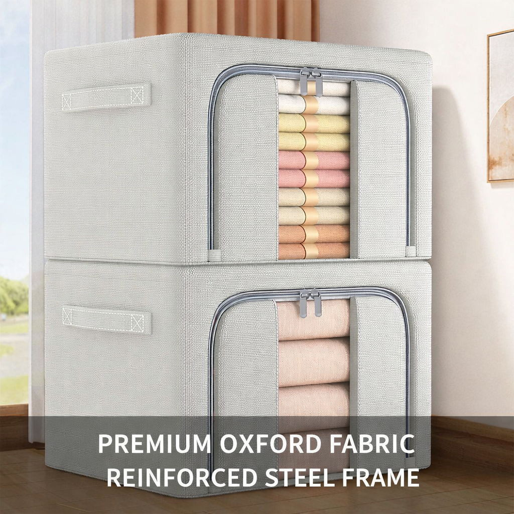 2 Openings Clothes Storage Bins with Metal Frame, Foldable Storage Bin for Clothes, Clothing Storage Bins with Lid, Linen Storage Box With Clear Window＆ Zippers＆ Durable Handles