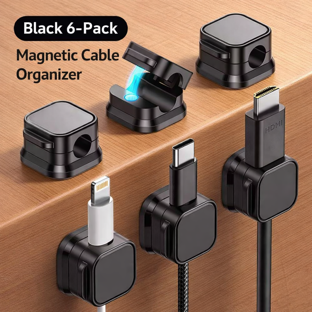 6 Pack Magnetic Cable Clips Cord Holder, Under Desk Cable Management, Adhesive Wire Holder Keeper Organizer for Home Office Desk Phone Car Wall Desktop Nightstand
