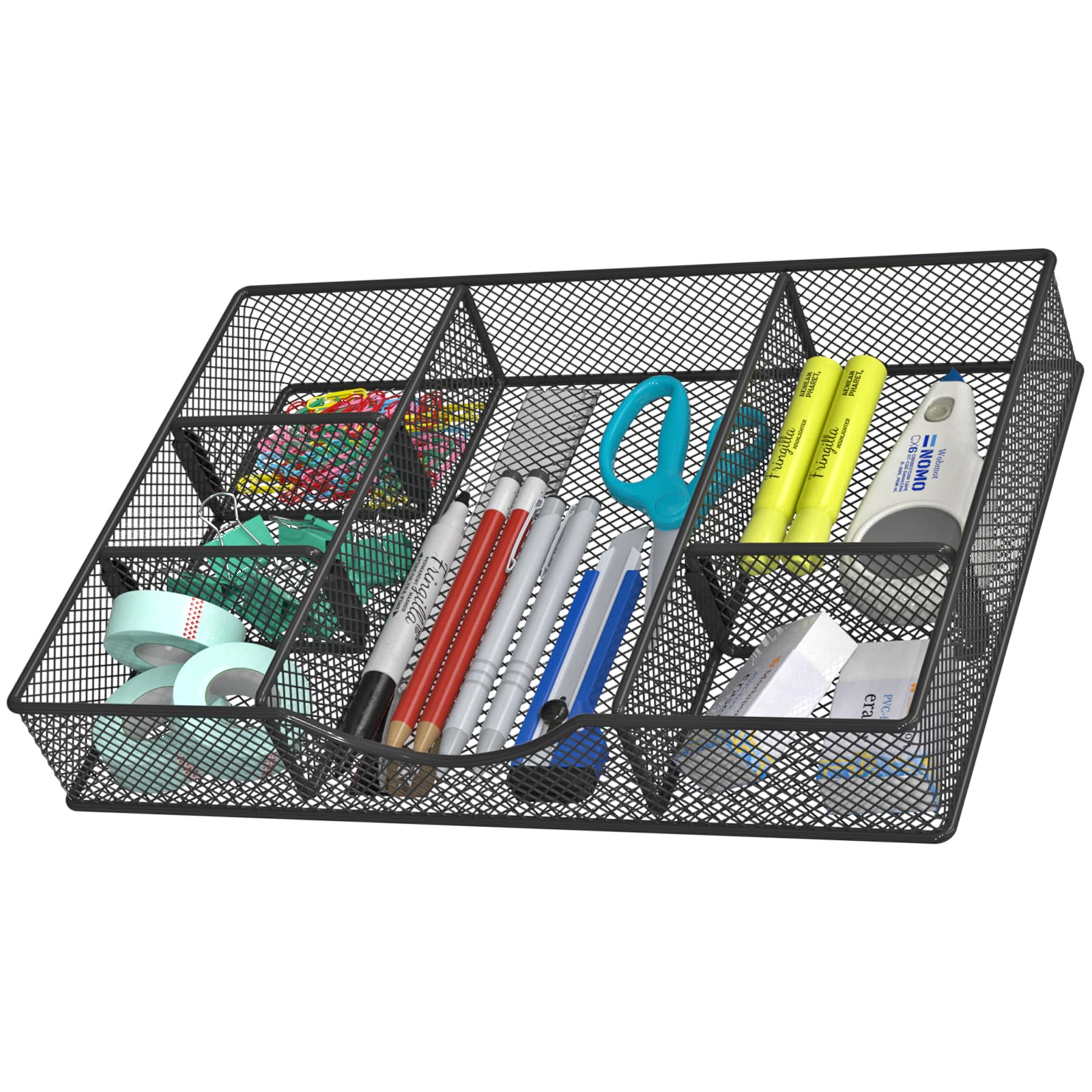 Desk Drawer Organizer, Metal Mesh Drawer Organizer Tray with 6 Adjustable Compartment, Tray Organizer for Desktop, Kitchen, Bathroom, Makeup, Vanity