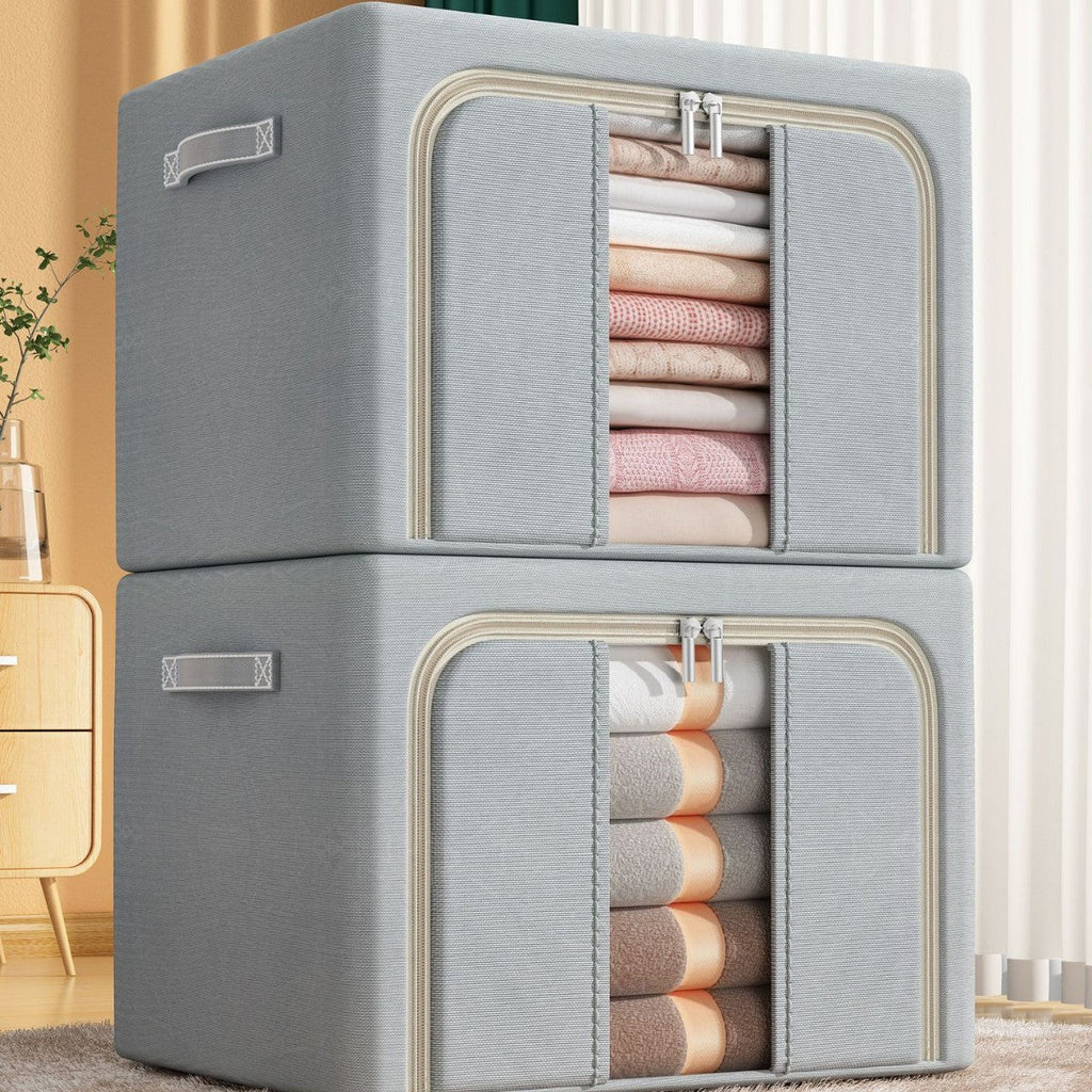 2 Openings Clothes Storage Bins with Metal Frame, Foldable Storage Bin for Clothes, Clothing Storage Bins with Lid, Linen Storage Box With Clear Window＆ Zippers＆ Durable Handles