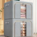 2 Openings Clothes Storage Bins with Metal Frame, Foldable Storage Bin for Clothes, Clothing Storage Bins with Lid, Linen Storage Box With Clear Window＆ Zippers＆ Durable Handles