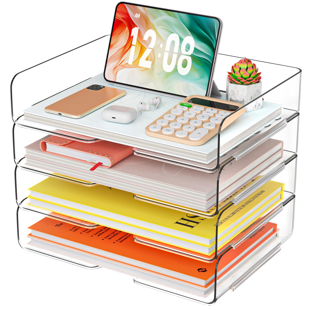 4 Trays Paper Organizer Letter Tray - Acrylic Desk File Organizer, Stackable Clear Paper Holder Sorter Home Office Organizers