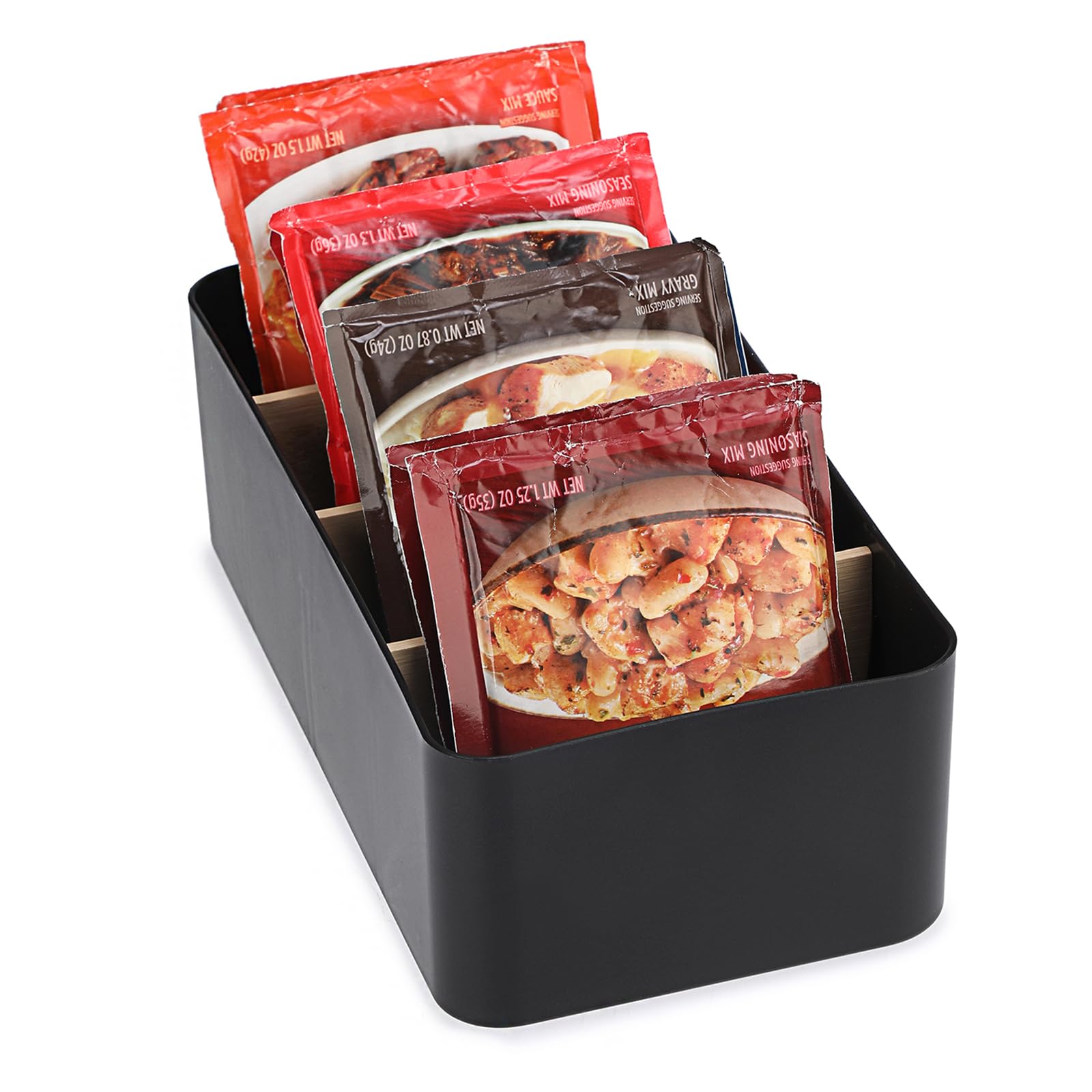 Seasoning Packet Organizer, Food Storage Organizer with Divided 4 Bamboo Wood Compartments, Plastic Storage Caddy for Kitchen Pantry Cabinet, Kitchen Organization Bin for Snacks Spice Packets