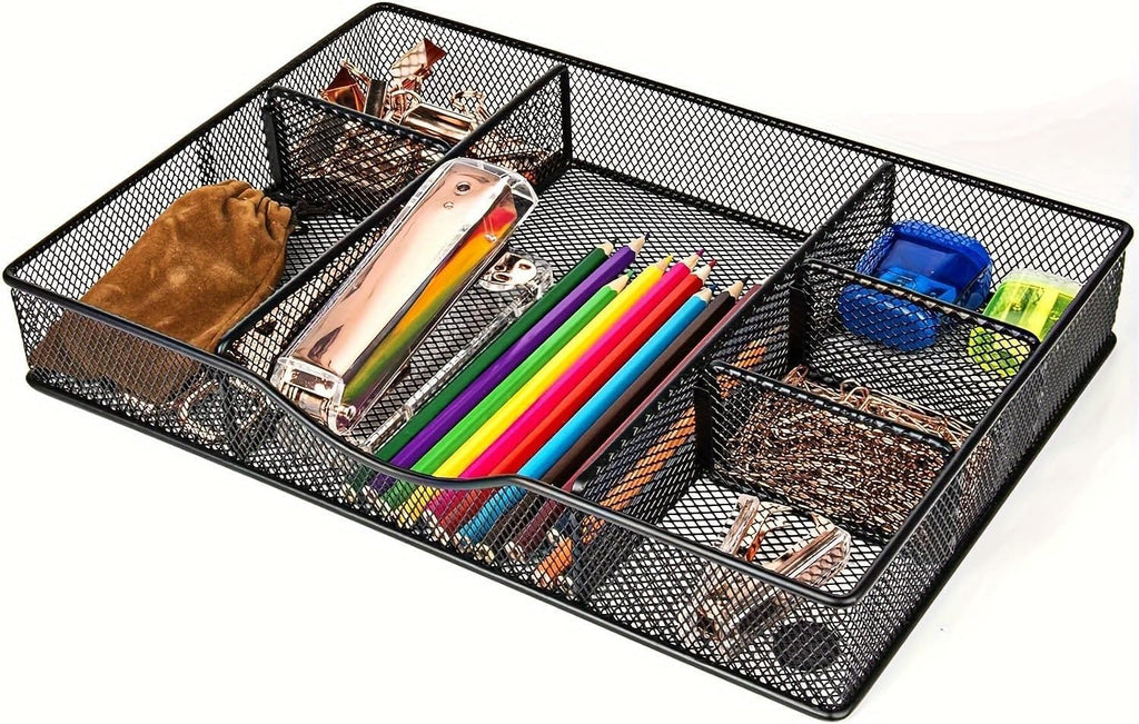 Desk Drawer Organizer, Metal Mesh Drawer Organizer Tray with 6 Adjustable Compartment, Tray Organizer for Desktop, Kitchen, Bathroom, Makeup, Vanity