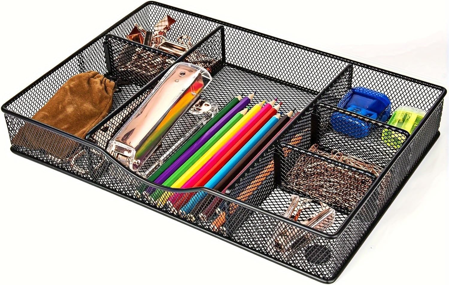Desk Drawer Organizer, Metal Mesh Drawer Organizer Tray with 6 Adjustable Compartment, Tray Organizer for Desktop, Kitchen, Bathroom, Makeup, Vanity