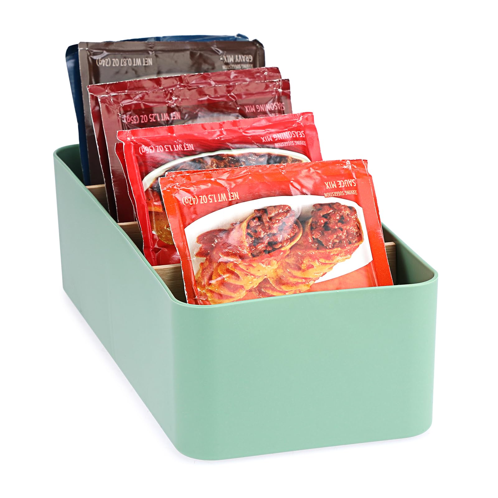 Seasoning Packet Organizer, Food Storage Organizer with Divided 4 Bamboo Wood Compartments, Plastic Storage Caddy for Kitchen Pantry Cabinet, Kitchen Organization Bin for Snacks Spice Packets