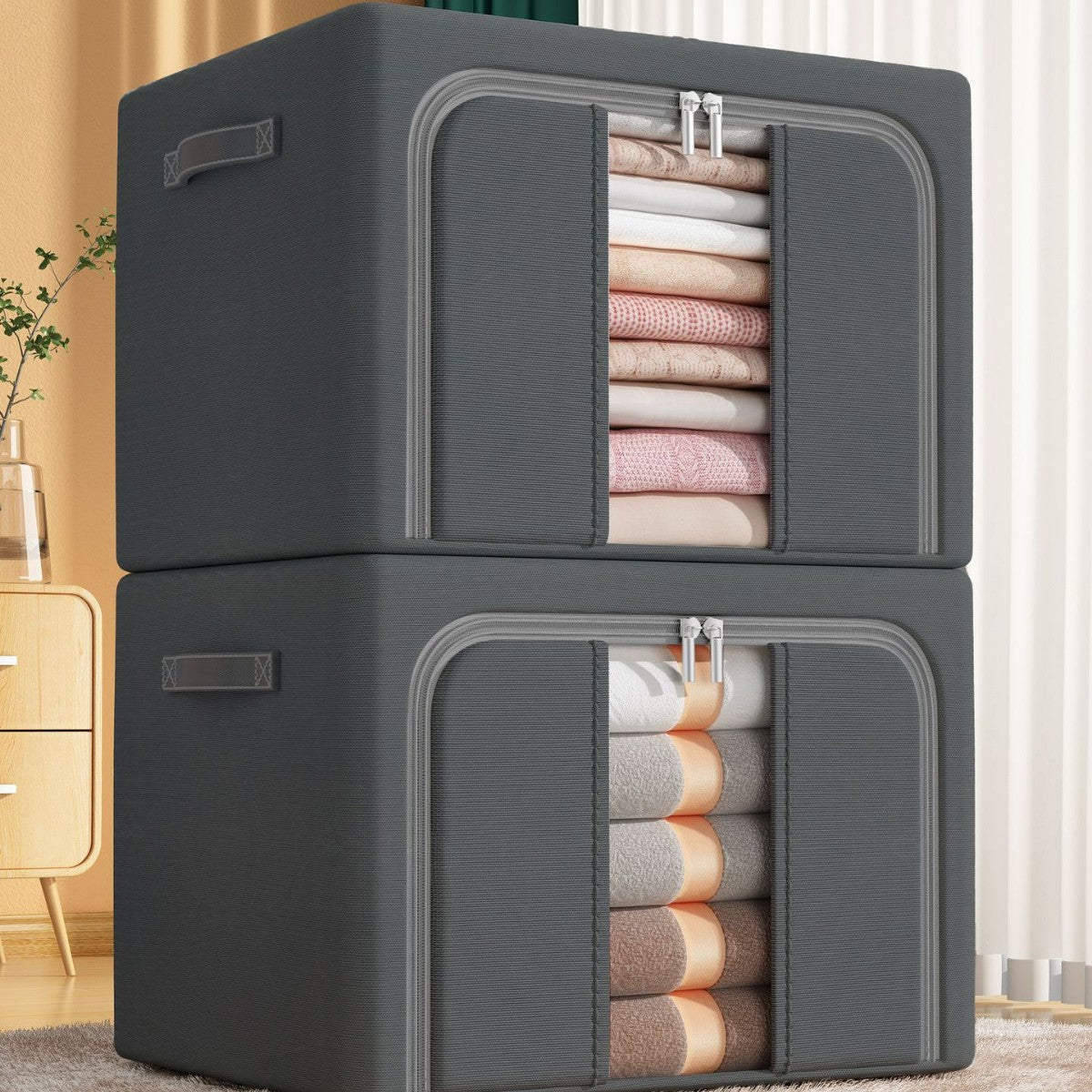 2 Openings Clothes Storage Bins with Metal Frame, Foldable Storage Bin for Clothes, Clothing Storage Bins with Lid, Linen Storage Box With Clear Window＆ Zippers＆ Durable Handles