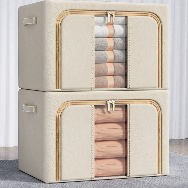 2 Openings Clothes Storage Bins with Metal Frame, Foldable Storage Bin for Clothes, Clothing Storage Bins with Lid, Linen Storage Box With Clear Window＆ Zippers＆ Durable Handles