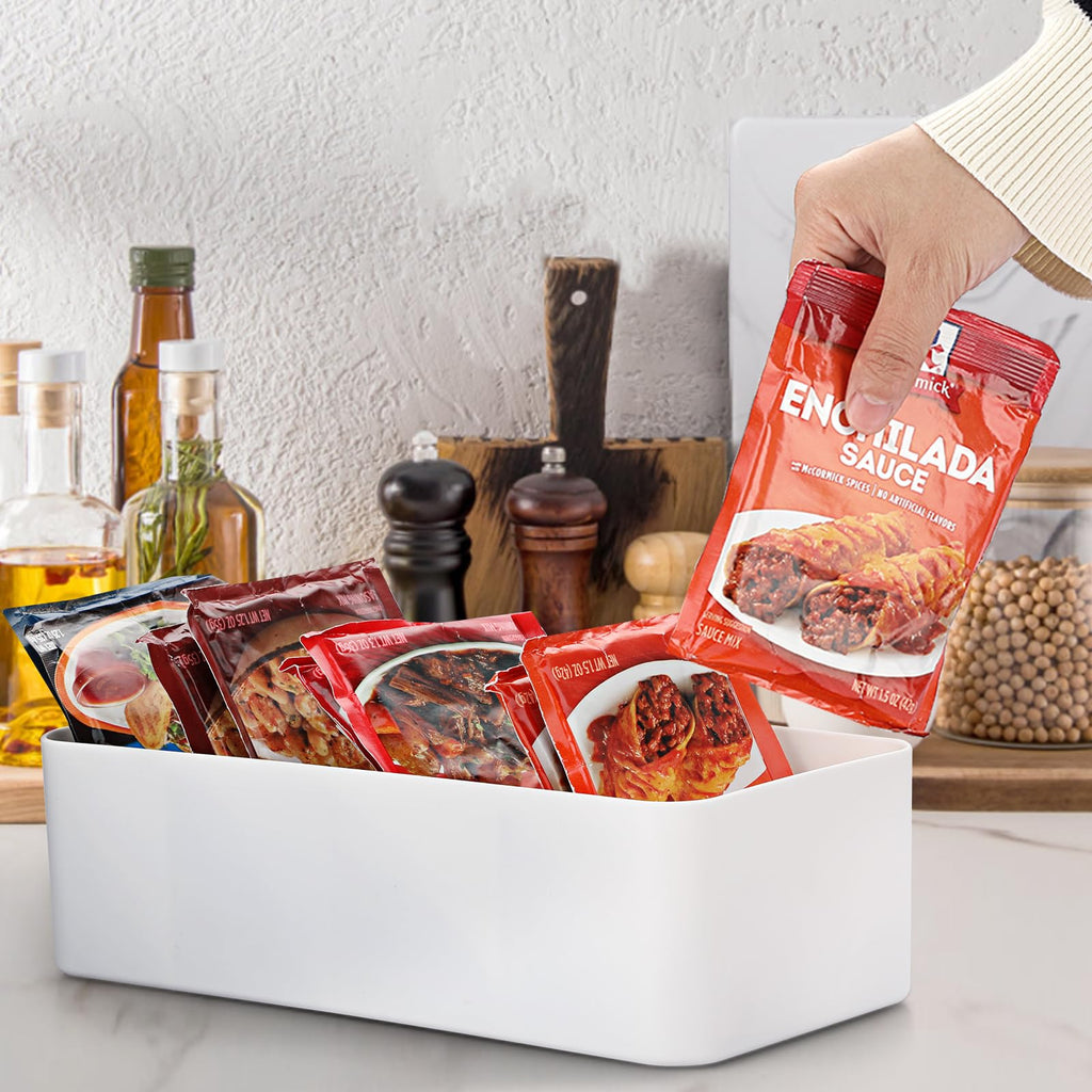Seasoning Packet Organizer, Food Storage Organizer with Divided 4 Bamboo Wood Compartments, Plastic Storage Caddy for Kitchen Pantry Cabinet, Kitchen Organization Bin for Snacks Spice Packets